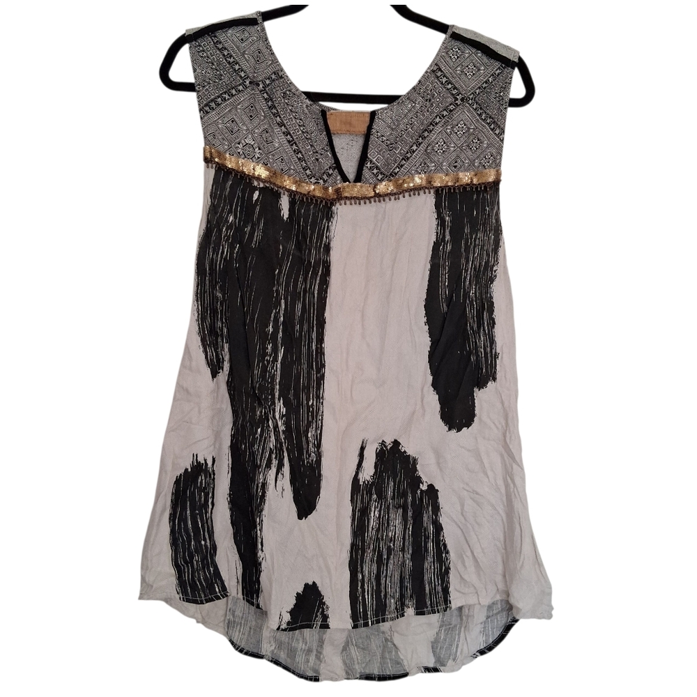 Anthropologie Floreat Rumi Tunic Top Black & White Geometric Boho Size 4